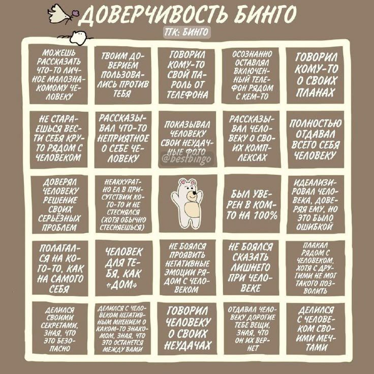 Bingo «Доверчивость»: 25 вопросов о доверии и личных границах