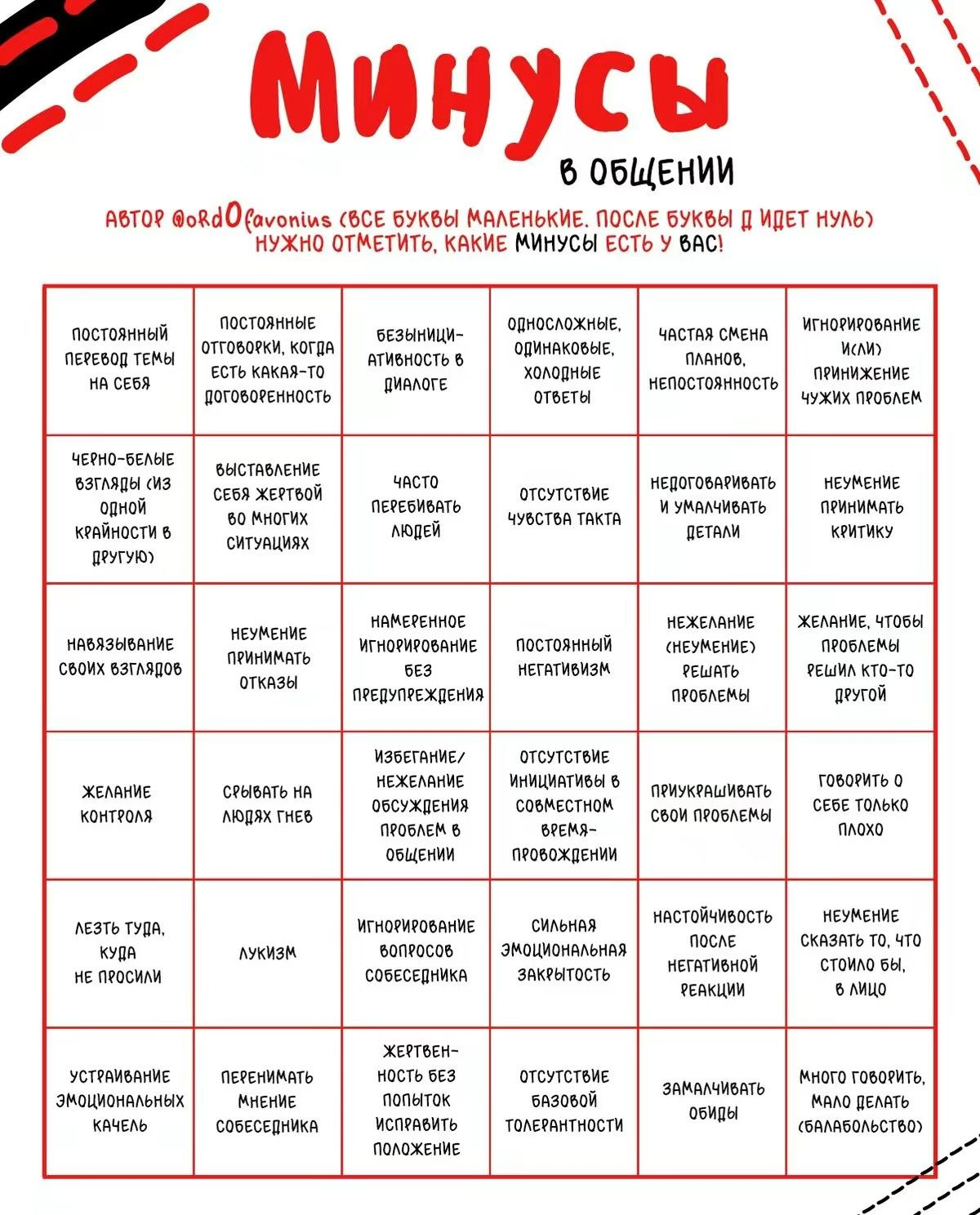 Bingo «Минусы в общении»: 36 привычек, которые мешают слышать друг друга